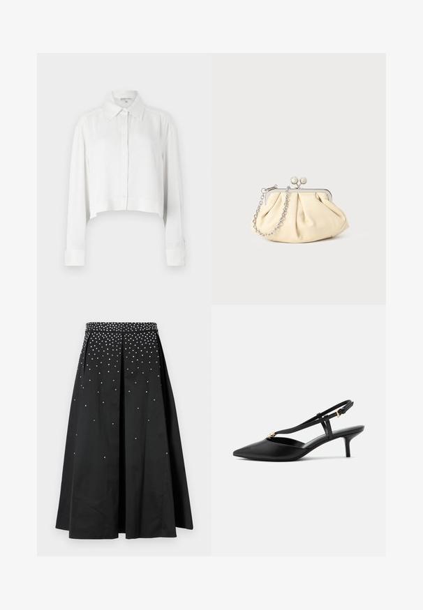 Weißes, kurzes Hemd mit langen Ärmeln, Knopfleiste und klassischem Kragen. Glatter Stoff mit strukturierten Manschetten und minimalistischem Design.; Schwarze Skirt mit einem taillierten Bund, der mit silbernen Nieten verziert ist, gefalteter Optik und einem fließenden Schnitt, der bis zur Mitte der Wade reicht.; Schwarzer Leder-Slingback-Kitten-Heel mit spitz zulaufender Spitze, schlankem T-Riemen, verstellbarer Schnalle und kleiner goldener Verzierung am Riemen.; Faltige beigefarbene Ledertasche mit einem silbernen Metallrahmen, ausgestattet mit zwei runden dekorativen Verschlüssen und einem silbernen Kettenriemen.