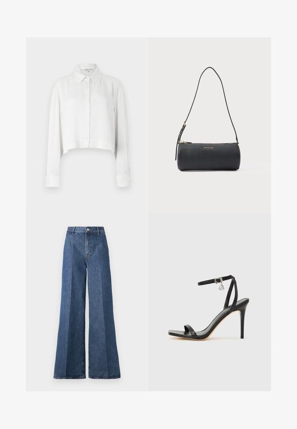 Hvid cropped skjorte med lange ærmer, knaplukning foran og klassisk krave. Glat stof med strukturerede manchetter og minimalistisk design.; Bredde ben blå denim jeans med høj talje, med klassisk fem-lomme stil og knaplukning, lavet af struktureret bomstof.; Sort hæl-sandal med smal ankrem, firkantet tå-boks, glat lædermateriale og metalspænde som pynt.; Sort cylindrisk læder skuldertaske med gyldent lynlås og "Michael Kors" logo foran, justerbar rem med spænde.