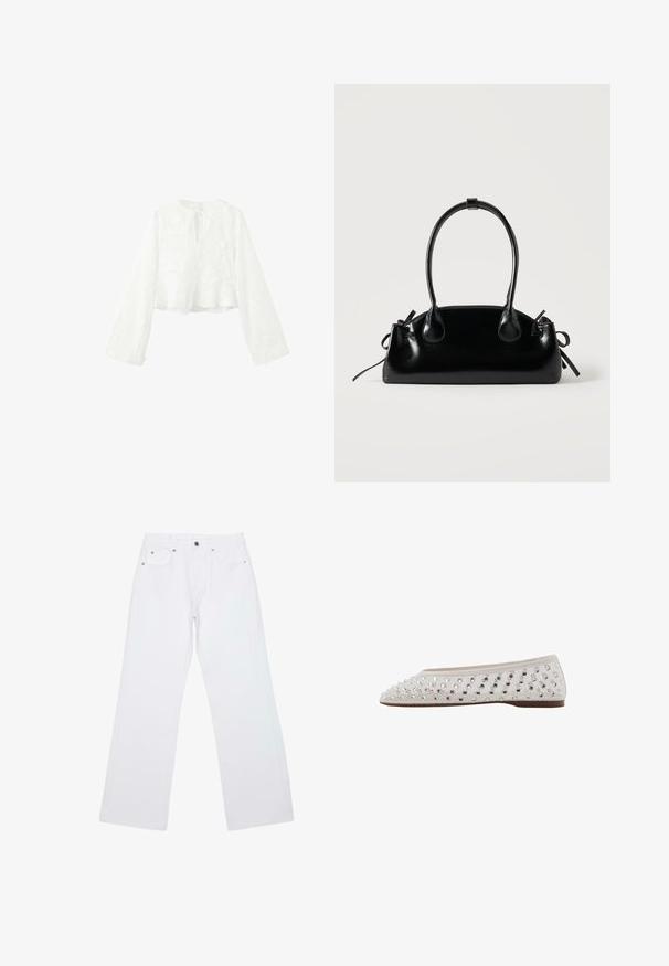 Hvid cropped bluse med lange ærmer og blomsterstruktur, rund halsudskæring, front nøglehul med bindebånd og let udvidede ærmer.; Hvide jeans med lige ben, fem lommer, bæltestropper og lukning foran med knap og lynlås, lagt fladt på en hvid baggrund.; Balletflad i cremefarvet stof med sølvfarvede palietter arrangeret i et prik mønster, rund tå og lav brun sål. Tekstureret overdel for ekstra detalje.; Lille sort blank håndtaske med to lange håndtag og snøre-detaljer i siden på en ensfarvet lys baggrund.