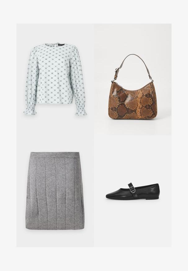 Blouse bleu clair avec de longues manches bouffantes, arborant un motif floral en losange de couleur marine. Manches élastiquées et fermeture au dos en forme de trou de clé.; Object OBJTHESS - Minijupe - medium grey; Chaussure plate en cuir noir avec un bout arrondi, une seule sangle réglable à boucle et une texture lisse et brillante. Design minimaliste avec un petit talon.; Petit sac à main avec un motif en peau de serpent marron et noir, courroie courte et ajustable, et fermeture éclair.