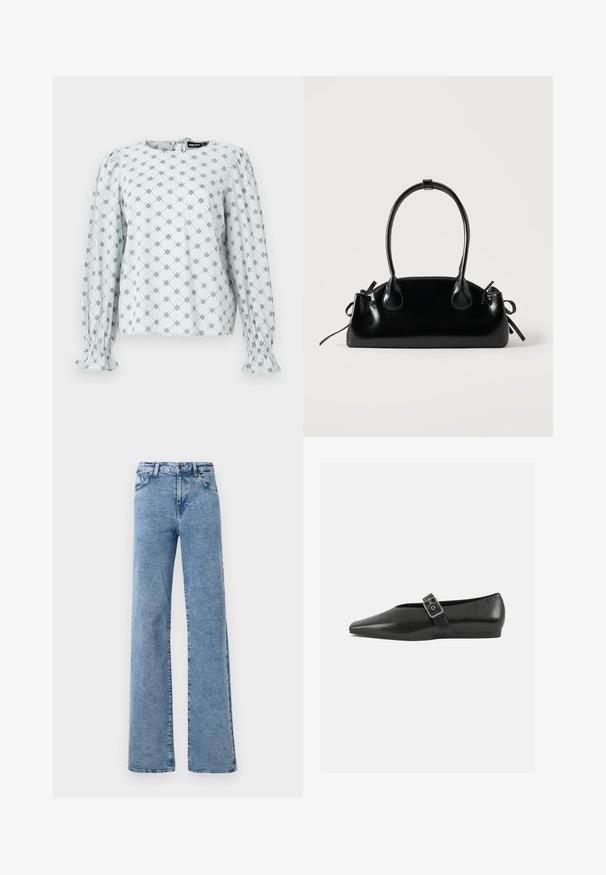 Blouse bleu clair avec de longues manches bouffantes, arborant un motif floral en losange de couleur marine. Manches élastiquées et fermeture au dos en forme de trou de clé.; Noisy May Straight fit NMYOLANDA - Wide Leg - medium blue denim; Chaussure plate en cuir noir avec un orteil pointu, présentant une sangle à boucle métallique sur le cou-de-pied et une semelle basse et flexible.; Petit sac à main noir brillant avec deux longues anses et des détails à cordon sur les côtés sur un fond clair uni.