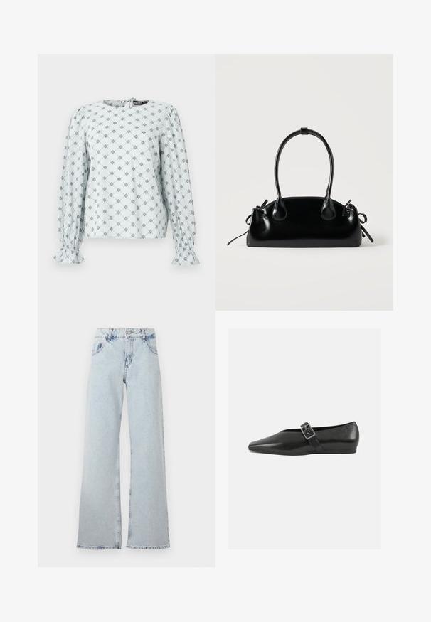 Blouse bleu clair avec de longues manches bouffantes, arborant un motif floral en losange de couleur marine. Manches élastiquées et fermeture au dos en forme de trou de clé.; Jeans large bleu clair en denim, avec une taille haute, des passants de ceinture, cinq poches et des zones décolorées pour un aspect vintage.; Chaussure plate en cuir noir avec un orteil pointu, présentant une sangle à boucle métallique sur le cou-de-pied et une semelle basse et flexible.; Petit sac à main noir brillant avec deux longues anses et des détails à cordon sur les côtés sur un fond clair uni.
