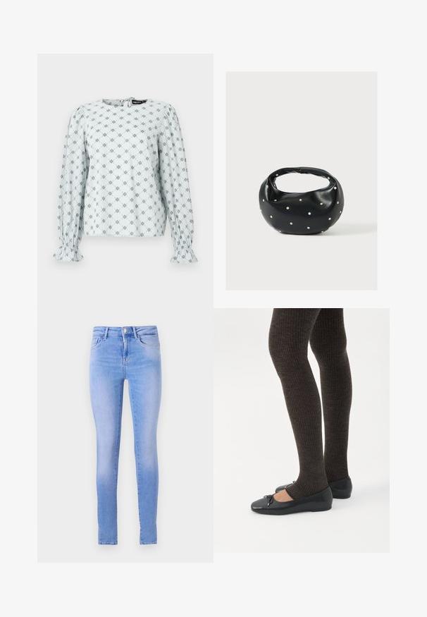 Blusa azul claro con mangas largas abullonadas, que presenta un patrón de diamantes florales en navy. Puños elásticos y cierre en la parte posterior con forma de ojo de cerradura.; Jeans skinny azul claro con un lavado descolorido, que cuentan con un diseño de cinco bolsillos, cierre de botón al frente y un dobladillo limpio.; Piernas con leggings oscuros acanalados combinados con bailarinas negras que presentan pequeños detalles de lazo sobre un fondo blanco.; Bolso de mano de cuero negro con forma redondeada, decorado con detalles de tachuelas plateadas y un asa corta. Textura lisa y cierre con cremallera.