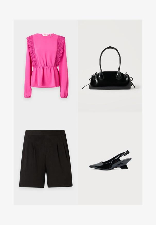 Fuchsia Langarmshirt mit Spitzendetails an den Schultern, gerafftem Bund und strukturiertem Stoff. Runder Ausschnitt mit elastischen Bündchen.; Schwarze Shorts aus weichem Stoff mit einer glatten Textur, elastischem Bund und gefaltetem Vorderdesign. Einfach und schmucklos.; Schwarzer Slingback-Schuh aus Lackleder mit spitzer Spitze und niedrigem, schrägem Blockabsatz auf einfachem hellem Hintergrund.; Kleine schwarze glänzende Handtasche mit zwei langen Griffen und seitlichen Kordelzug-Details vor einfachem hellem Hintergrund.