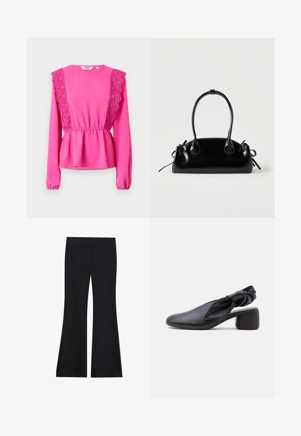 Top de manga larga en fucsia con detalles de encaje en los hombros, cintura fruncida y tejido texturizado. Escote redondo con puños elásticos.; Pantalones acampanados negros hechos de una tela suave y elástica; cuentan con una cinturilla lisa y un diseño de pierna ancha; acabado sin costuras en todo.; Zapato slingback de cuero negro con puntera redondeada, detalle de tira anudada y tacón bajo y grueso sobre fondo blanco.; Pequeño bolso negro brillante con dos asas largas y detalles de cordón lateral sobre un fondo claro liso.
