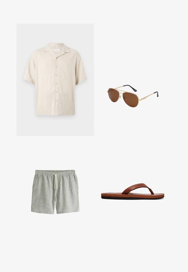 Beige overhemd met korte mouwen, knopen aan de voorkant, campkraag en een losse pasvorm, gemaakt van lichtgewicht stof.; Lichtgrijze casual korte broek met elastische tailleband, wit trekkoord, zijzakken en gestructureerde stof.; Bruine leren flip-flops met een gestructureerde band, een gevoerde voetbed en een zwarte rubberen zool. Zijkant van het ontwerp benadrukt de slanke stijl.; Gouden metalen aviator-zonnebril met bruin getinte glazen en zwarte met plastic bedekte pootjes op een witte achtergrond.