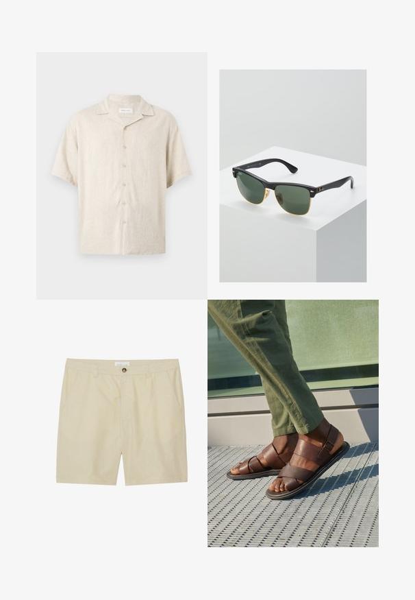 Chemise beige à manches courtes avec col camp, boutons devant et coupe décontractée, en tissu léger.; Shorts beiges en tissu léger, avec un devant plat, des poches latérales et une fermeture à un bouton à la taille.; Sandales en cuir marron avec un design à lanières, ornées d'un détail de boucle, portées avec un pantalon vert sur une surface texturée.; Lunettes de soleil Ray-Ban avec des verres verts, monture en plastique noir et accents dorés sur les bords. Forme carrée avec une finition mate.