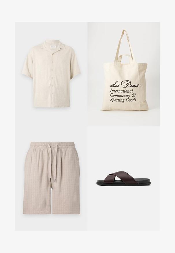 Chemise beige à manches courtes avec col camp, boutons devant et coupe décontractée, en tissu léger.; Shorts beige texturés avec une taille élastique et un cordon de serrage. Présentent un subtil motif en carreaux et une coupe ample. Aucune poche visible.; Sandale à glissière à lanières croisées de couleur marron, dotée d'une finition mate, d'une semelle noire plate et d'une texture lisse. Design minimaliste sans matériel visible.; Sac tote en coton beige avec deux poignées robustes. Présente un texte imprimé en noir : "Les Deux International Community & Sporting Goods."