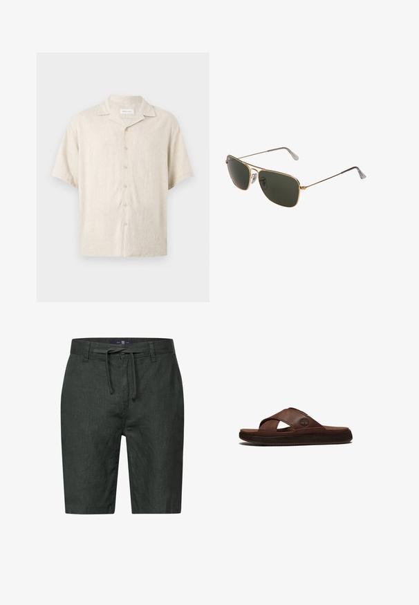 Beiges Kurzarm-Button-up-Hemd mit Camp-Kragen, vorderen Knöpfen und lockerer Passform, aus leichtem Stoff.; Dunkelgrüne Leinen-Shorts mit einem Kordelzugbund. Verfügt über seitliche Taschen und einen geraden Schnitt. Glatte Textur mit subtiler sheen.; Brauner Herrenslider aus Leder mit gekreuzten Riemen und strukturierter schwarzer Sohle, mit einem kleinen eingeprägten Baum-Logo auf dem äußeren Riemen.; Goldfarbene Metall-Aviator-Sonnenbrillen mit großen dunkelgrünen Gläsern, ausgestattet mit einem dünnen Rahmen und transparenten Nasenpolstern für zusätzlichen Komfort.