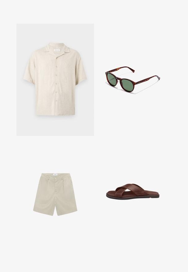 Beige kortærmet skjorte med knapper foran, camp-krave og en afslappet pasform, lavet af letvægtsstof.; Beige skræddersyede shorts med flad front, to sidelommer og en enkelt knappet lukning. Fremstillet af et let og glat stof.; Brune lædersandaler med slidser og krydsdesign samt flad gummisål. Blød tekstur, enkel konstruktion, diskret brandingdetalje.; Brune skildpaddedesign solbriller med runde rammer, grønne linser og mønstrede tempelarme. Har brandlogo på en arm.