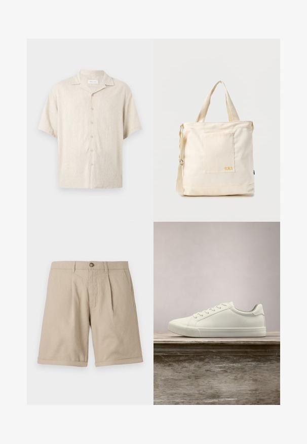 Beige overhemd met korte mouwen, knopen aan de voorkant, campkraag en een losse pasvorm, gemaakt van lichtgewicht stof.; Beige linnen korte broek met rechte pasvorm, voorzien van voorvouwen, een knoopsluiting en opgerolde zoomdetails. Soepele textuur met een minimalistisch ontwerp.; Witte vetersneaker die boven een houten bank zweeft met groene bladeren op de achtergrond, waarbij het ontwerp en de textuur van de schoen worden getoond.; Crèmekleurige canvas boodschappentas met voorvak, twee handvatten, verstelbare schouderriem en kleine gele "O.N.S" tekst rechtsonder op het vak.