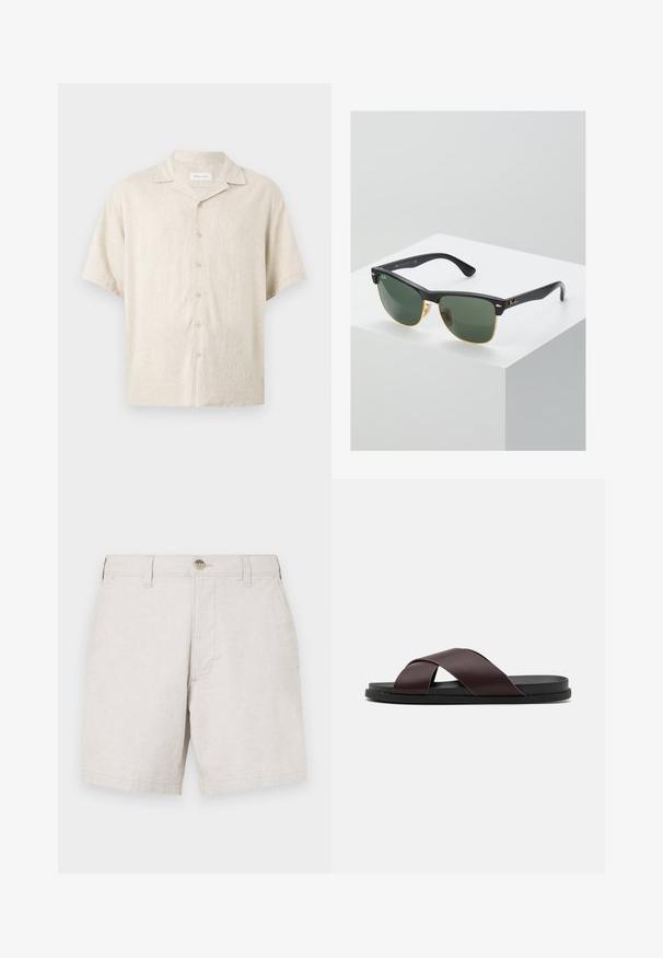 Beiges Kurzarm-Button-up-Hemd mit Camp-Kragen, vorderen Knöpfen und lockerer Passform, aus leichtem Stoff.; Beige Leinen-Shorts mit geradem Schnitt, ausgestattet mit einem vorderen Knopfverschluss, Gürtelschlaufen und zwei Seitentaschen. Texturierter Stoff.; Braune, Riemchensandale mit mattem Finish, flacher schwarzer Sohle und glatter Textur. Minimalistisches Design ohne sichtbare Beschläge.; Ray-Ban Sonnenbrillen mit grünen Gläsern, schwarzen Kunststoffrahmen und goldenen Akzenten an den Rändern. Quadratische Form mit matter Oberfläche.