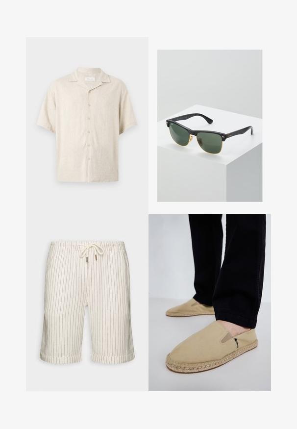 Chemise beige à manches courtes avec col camp, boutons devant et coupe décontractée, en tissu léger.; Shorts en mélange de lin couleur beige clair avec de légères rayures verticales marron. Dotés d'une taille élastique avec cordon de serrage et d'ourlets roulés.; Chaussures slip-on en toile beige avec des goring élastiques, semelle en corde de jute et coutures contrastantes. Portées avec un pantalon noir fuselé.; Lunettes de soleil Ray-Ban avec des verres verts, monture en plastique noir et accents dorés sur les bords. Forme carrée avec une finition mate.