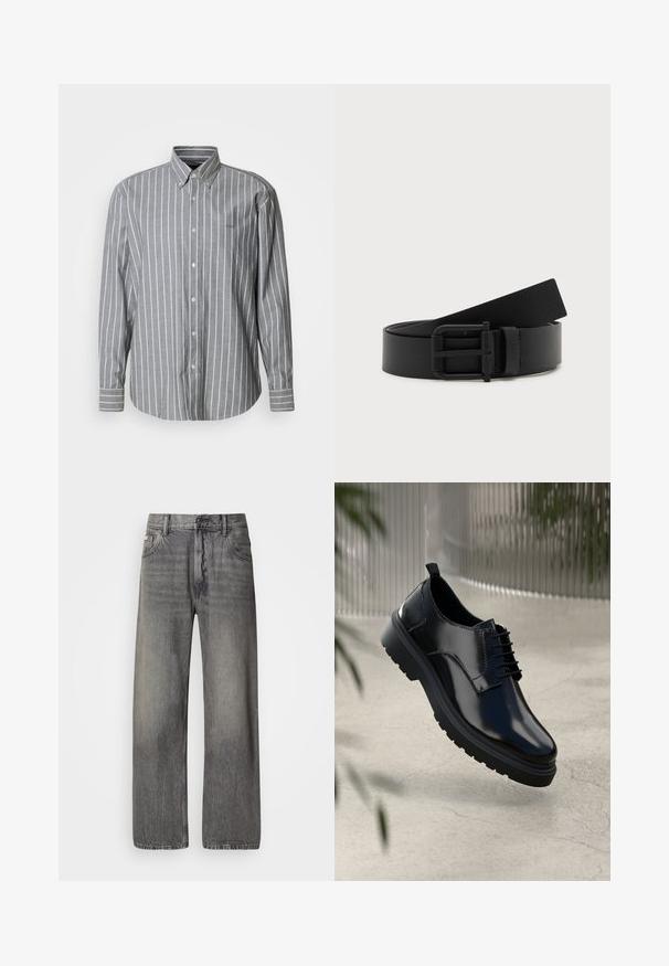 Camisa gris abotonada con rayas verticales blancas, mangas largas y cuello con solapa. Presenta un pequeño logo en el pecho. Material de algodón.; Jeans de pierna ancha en denim gris oscuro con acabado descolorido. Cuenta con el diseño clásico de cinco bolsillos y trabillas para cinturón.; Zapato de cuero negro con un acabado brillante, puntera redonda, diseño de cordones, costuras de contraste y una suela de goma gruesa con patrones de tracción.; Cinturón de cuero negro enrollado con hebilla de metal negro mate sobre fondo blanco.