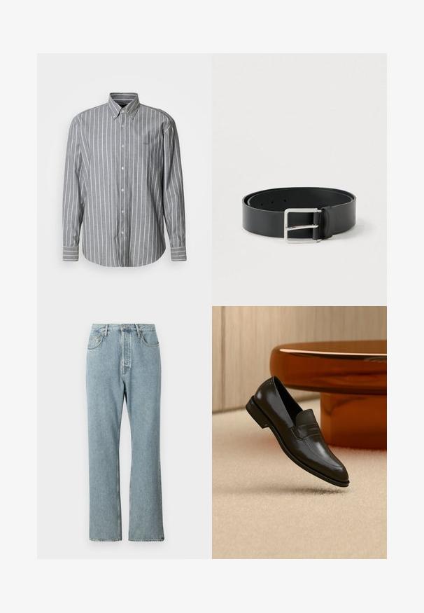 Grijs overhemd met witte verticale strepen, lange mouwen en een kraag. Heeft een klein logo op de borst. Gemaakt van katoen.; Lichtblauwe denim jeans met een hoge taille, brede rechte pijpen en eenvoudige stiksels. Heeft vijf zakken en een klassieke knoopsluiting.; Zwarte leren loafer met een slank design, voorzien van een gestructureerde band en een gladde afwerking. Geplaatst tegen een zachte, lichte achtergrond.; Zwarte leren riem met een gladde afwerking, voorzien van een rechthoekige zilveren metalen gesp en meerdere verstelgaten.