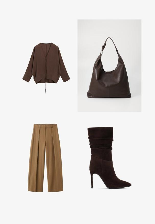 Bruine blouse met lange mouwen, diepe V-hals en een strikdetail aan de voorkant, losse pasvorm en brede manchetten tegen een witte achtergrond.; Brunette hoge taille wijde broek met subtiele krijtstrepen, plooien aan de voorkant, lussen voor een riem en een verborgen rits aan de voorkant.; Bruine suède enkellaars met een slouchy bovenkant, puntige neus en hoge stiletto-hak. Heeft een gestructureerd oppervlak en een soepele silhouet.; Zign by Zalando LEATHER - Shopper - chocolate brown