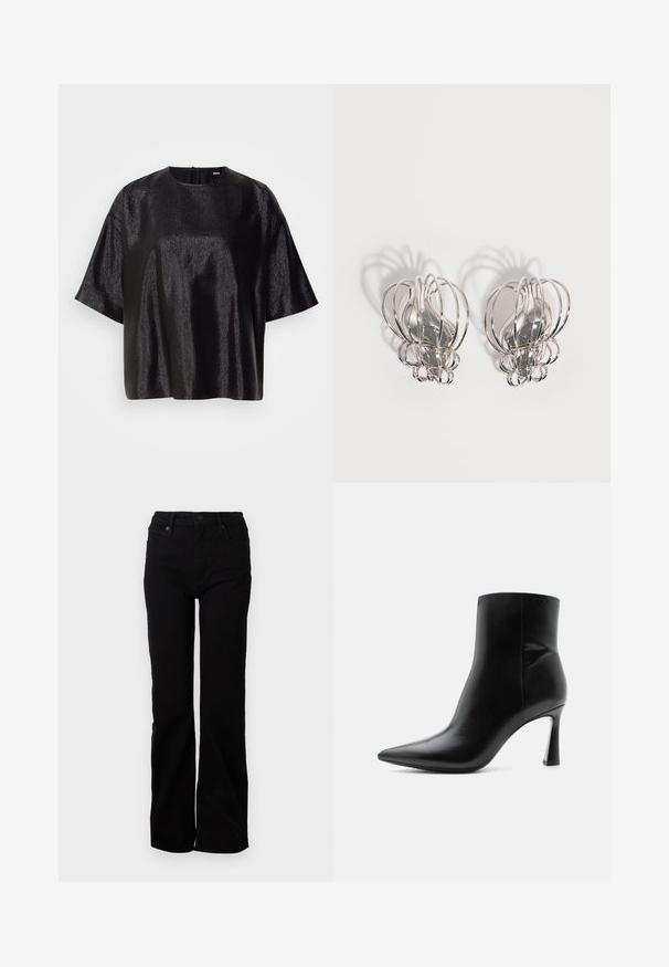 Sort kortærmet top med en tekstureret, blank overflade og rund halsudskæring. Har en lynlåslukning bagpå. Boxy silhuet.; Sorte denim jeans med en straight leg-design, fem lommer, frontlukning med knap og subtil struktur. Ingen synlige mønstre eller accenter.; Sort læderankelstøvle med spids tå og slank, høj stilet hæl, vist i sideprofil på hvid baggrund.; Par sølvøreringe i metal med åbent trådburdesign og glatte, centrale ovale former, der kaster buede skygger på en hvid baggrund.
