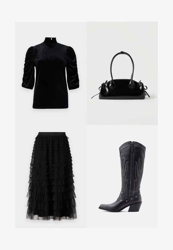Must musta kõrge kaelusega, lühikeste puffvarrukatega ja seljaosa võtmeaugu detailiga. Sile tekstuur ja kehakujuline lõige.; Vero Moda VMNAJA Mid waist Long - Maksiseelik - black; Mustad nahast kauboisaapad terava ninaga, nähtavate õmblustega, hõbedaste naelakujuliste aksessuaaridega ja siseküljel lukuga.; Väike must läikiv käekott kahe pika sangaga ja külgedel paelakinnitustega, ühel lihtsal helel taustal.