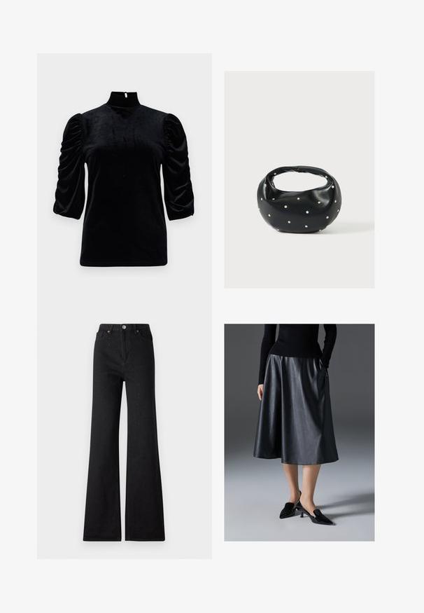 Zwarte fluwelen top met een hoge kraag, korte pofmouwen en een sleutelgatdetail aan de achterkant. Gladde textuur met een aansluitende silhoet.; Zwarte uitlopende jeans met decoratieve kralen, voorzien van een hoge taille, traditionele zakken en een knoopsluiting. Glad denimgarend.; Zwarte leren midi-jurk met een gladde textuur; heeft een tailleband en zijzakken. Gepaarde met glanzende zwarte hakken.; Zwarte leren handtas met een afgeronde vorm, versierd met zilveren studs, en een korte handgreep. Gladde textuur en ritsluiting.