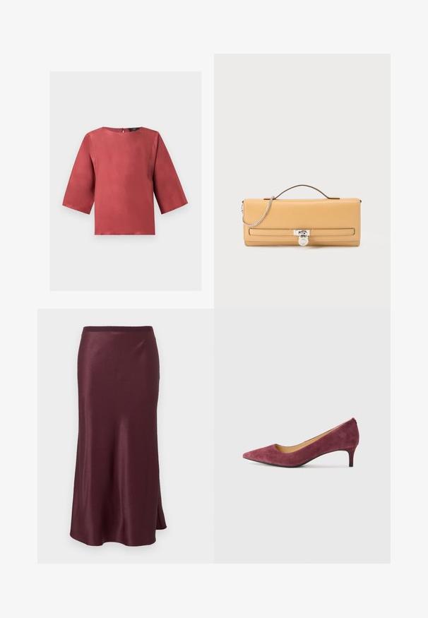 Satin blouse in roestkleur met driekwart mouwen en een ronde hals, getoond tegen een effen witte achtergrond.; Donkerbordeaux satijnen midi-rok met een lichte uitlopende vorm en een subtiele zijsplit, met een gladde tailleband.; Bordeaux suède hoge hak pump met een spitse neus, lage hak en een gladde binnenvoering. Textuur aan de buitenkant en een slank, klassiek ontwerp.; Tan rechthoekige leren clutch met handvat aan de bovenkant, zilveren kettinkdetail en zilveren slotsluiting op de voorklep.
