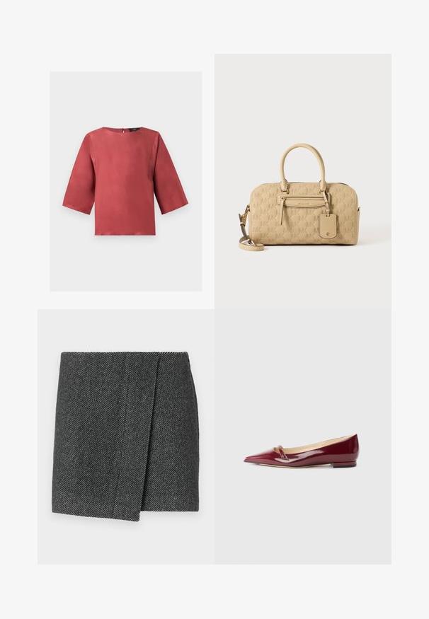 Blouse en satin couleur rouille avec manches trois-quarts et encolure ronde, présentée sur un fond blanc uni.; Jupe à motif chevron gris avec un design enroulé, dotée d'un tissu texturé et d'un ourlet droit et épuré.; Ballerines en cuir verni bordeaux avec un bout pointu, présentant un petit détail découpé et un petit talon. Texture lisse et design épuré.; Sac à main beige Michael Kors avec motif MK embossé, doubles poignées, poche avant zippée et bandoulière amovible sur fond blanc.