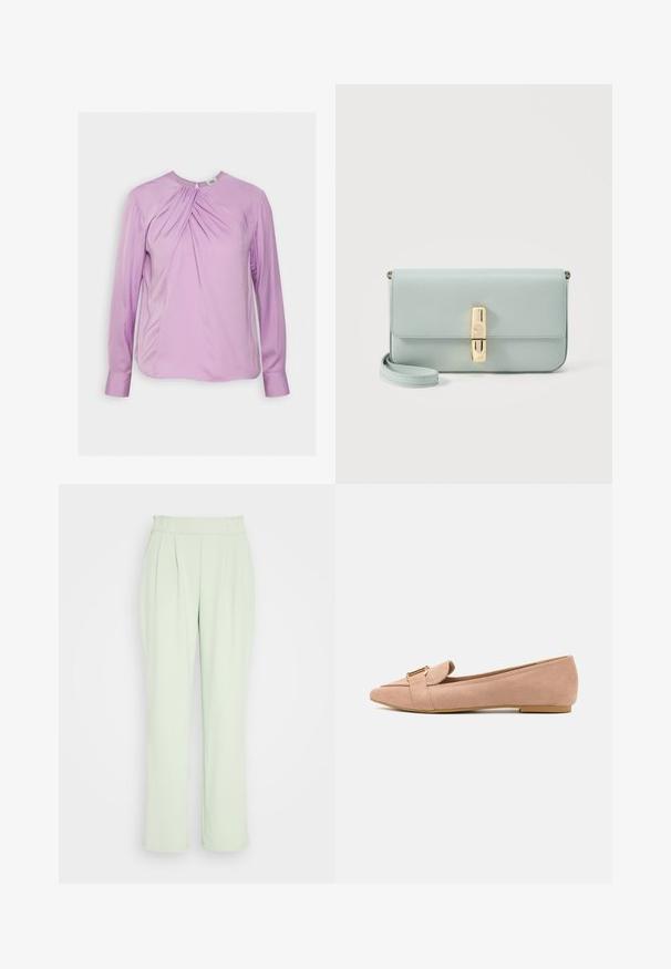 Twist & Tango BRENDA BLOUSE - Blouse - lilac; VILA VIFEBA PANTS - Pantalon classique - desert sage; Ballerines en daim rose pâle avec un bout pointu, comportant un détail replié et un accent de boucle dorée. Semelle basse et plate. Texture lisse.; Pochette en cuir bleu clair avec fermoir rectangulaire doré et sangle de poignet amovible sur fond blanc.