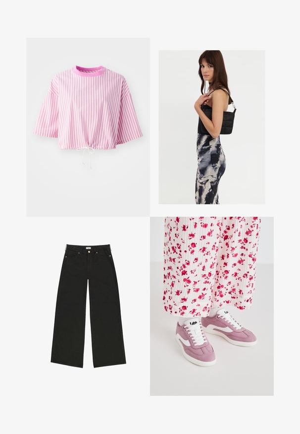 Lyserød og hvid stribet cropped t-shirt med korte ærmer, rund halsudskæring og snoretræk i kanten. Fremstillet af letvægtsstof.; Sorte vidde jeans lavet af denim, med høj talje, forlommer og kontrasterende guldtonet hardware. Ren, lige pasform.; Lyserøde suede sneakers med hvide detaljer, der har en rund tå, snørebåndsforan og en struktureret gummisål, parret med en blomsterprintkjole.; Sort quiltet skuldertaske med en enkelt rem og sølvhardware, parret med en tætsiddende kjole med tie-dye mønster i nuancer af sort og creme.