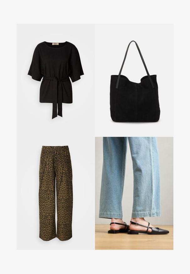 Top corto negro de manga corta con cuello redondo, cintura ceñida y textura suave que presenta sutiles destellos metálicos en toda la tela.; Pantalones de pierna ancha en un estampado de leopardo marrón y negro. Presenta una cinturilla alta y un diseño plisado. Tela suave con una textura lisa.; Zapatos slingback de cuero negro con punta afilada, tacón plano y tira en el tobillo; llevados con jeans de pierna ancha en azul claro.; Bolso de mano de ante negro con dos correas de cuero largas y planas. Presenta un borde superior curvado y costuras visibles en la parte frontal. Sin acentos de metal.