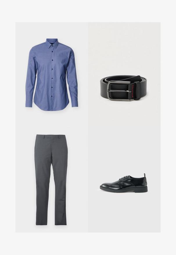 Pitkähihainen sininen paita, jossa on teräväkaulus ja mustat napit edessä, esitettynä valkoista taustaa vasten.; Harmaat dress-housut, joissa on sileä ja teksturoitu kangas. Slim fit -malli, litteä etuosa ja ei näkyviä koristeita tai taskuja.; Kiiltävä musta nahkainen juhla-kenkä, jossa on matala korko, nauhakiinnitys ja pyöreä kärki, esitetty sivulta vaalealla yksivärisellä taustalla.; Musta nahkavyö hopeanvärisellä soljella ja punaisella ompeleella, rullattuna yksinkertaisella vaalealla taustalla.