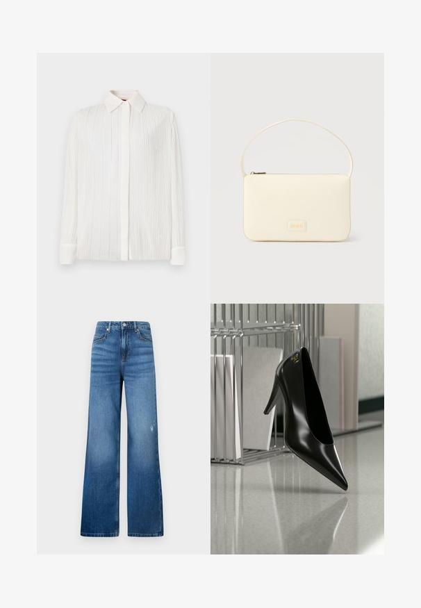 Hvid plisseret skjorte med klassisk krave, lange ærmer og knaplukning, der har en blød tekstur og subtil glans.; Bredde ben i blå denimjeans med en lys vask, der har fem lommer og et standard taljebånd med en knaplukning. Glat struktur.; Sort højhælet sko med spids tå og guldlogo, placeret på en reflekterende overflade nær en krom trådfilholder med dokumenter.; Kremfarvet rektangulær håndtaske med en enkelt rem og lynlås øverst, med en lille præget logo-plakette foran.