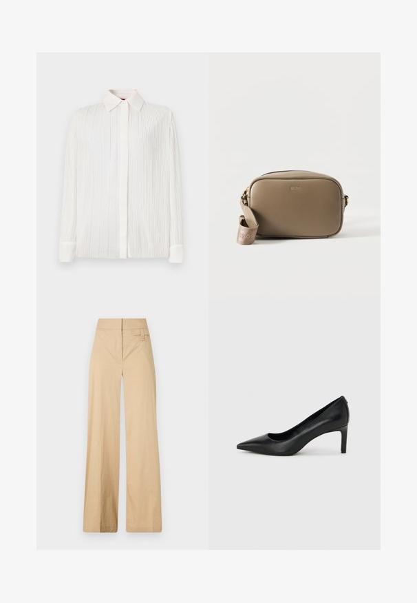 Valge voltidega särk klassikalise krae, pikade varrukate ja nööbiga kinnitusega, pehme tekstuuri ja delikaatse sära korral.; Beige laiad sääred püksid, mis on valmistatud puuvilla segakangast. Omavad siledat tekstuuri, elastset vöökohta ja külgmist nööbiga detaili.; Mustast nahast teravate varvastega kõrge kontsaga kingad, millel on õhuke, keskmise kõrgusega konts, heleda halli ühevärvilise tausta peal.; Täpilise pruuni nahast ristkerekott kuldse BOSS logoga ja eemaldatava kaubamärgiga kangarihmaga valgel taustal.