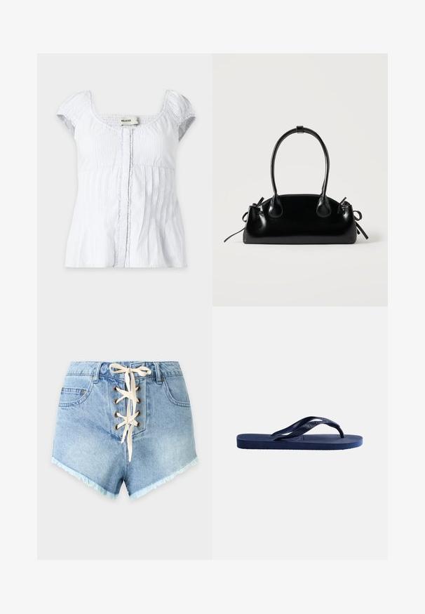 Weiße Bluse mit durchgehender Knopfleiste, kurzen Puffärmeln, eckigem Ausschnitt, dezenten vertikalen Streifen und Rüschensaum entlang der Knopfleiste.; Hellblaue Denim-Shorts mit vorderer Schnürung, zwei Fronttaschen, Gürtelschlaufen und ausgefransten Säumen.; Dunkelblaue Gummi-Zehensandale mit strukturierter Sohle und Y-förmigem Riemen auf schlichtem hellem Hintergrund.; Kleine schwarze glänzende Handtasche mit zwei langen Griffen und seitlichen Kordelzug-Details vor einfachem hellem Hintergrund.