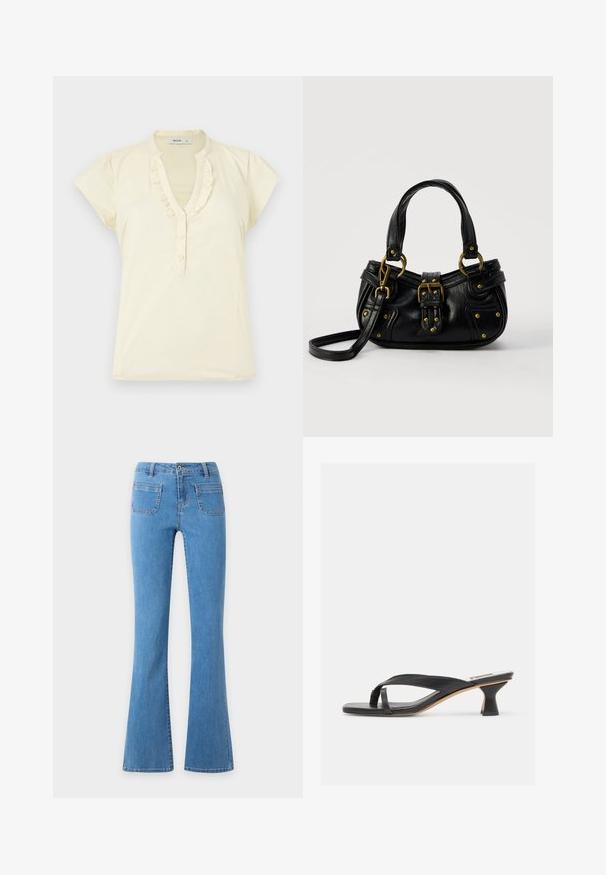 Blouse crème à manches courtes avec col en V volanté et trois boutons sur le devant, étiquetée Hollister, posée à plat sur fond blanc.; Jean denim bleu clair taille haute avec un bouton devant, deux poches plaquées à l'avant et un design de jambes évasées.; Sandale à talon en cuir noir avec lanière en forme de tongs et talon kitten incurvé unique sur fond neutre.; Sac à main en cuir noir avec boucle dorée et détails à rivets, poignées courtes et bandoulière réglable sur fond blanc uni.