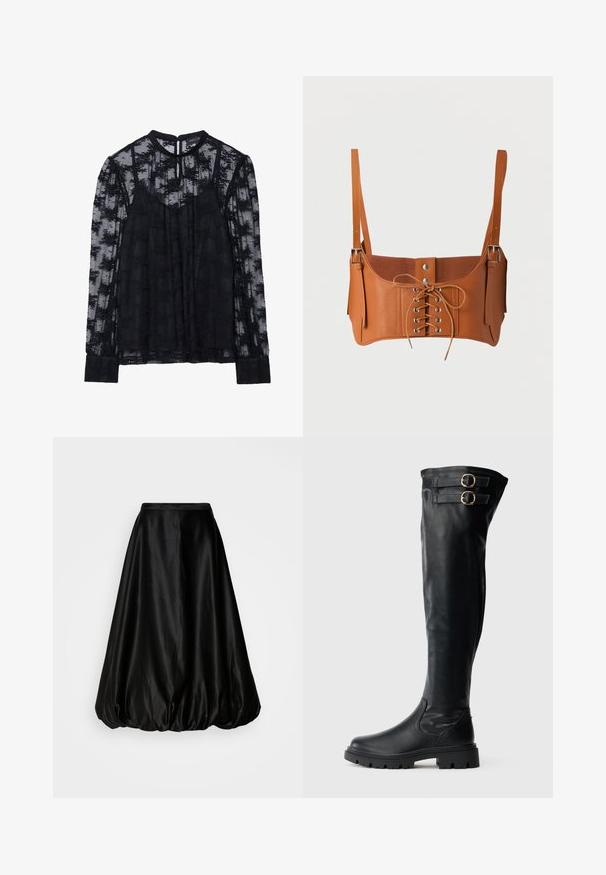 Blouse noire transparente avec de longues manches en dentelle et un col haut. Motif floral décoratif sur l'ensemble. Fermeture en clé à l'arrière et poignets ajustés.; Jupe midi en satin noir avec une forme ballon volumineuse. Texture lisse et taille ajustée, conçue pour une silhouette fluide.; Bottes noires montantes au-dessus du genou en cuir lisse. Elles présentent deux boucles métalliques, une semelle en caoutchouc épaisse et un design élégant.; Bustier court en cuir marron avec laçage devant, œillets argentés, boutons-pression et bretelles réglables avec boucles métalliques.