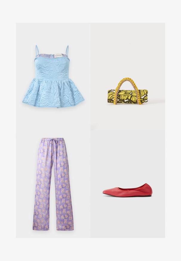 Lyseblåt peplum top, quiltet stof med indviklede mønstre, spaghetti stropper, eksponeret ryglynlås og en ribbet mesh detalje langs halsudskæringen.; Lyslilla blomstrede bukser med elastisk talje og snor. Har et blødt stof, vidde ben-design og et mønster af pink og grønne blomster.; Filippa K REY FLATS - Ballerinasko - bright red; Rektangulær taske med gult og sort blomsterprint og flettet gul og pink hank på hvid baggrund.