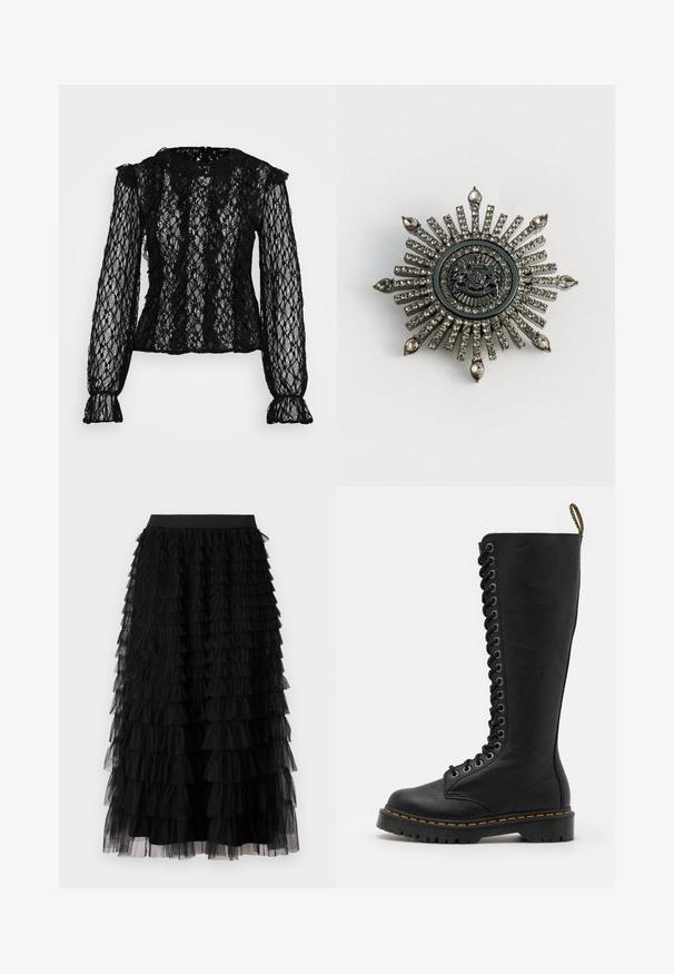 Zwarte kanten top met lange mouwen en een getailleerd ontwerp, met ruches op de schouders en manchetten, en een gestructureerd bloemenpatroon overal.; Vero Moda VMNAJA Mid waist Long - Maxirok - black; Zwarte leren laarzen tot de knie met een stevige zool, voorzien van een veterfront, metalen oogjes en contrasterende gele stiksels.; Stervormige broche van zilverkleurig metaal met transparante rhinestones. Het centrale ontwerp heeft een ronde embleem met complexe details.