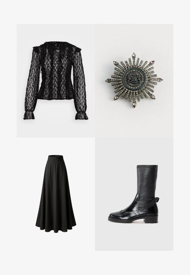 Haut en dentelle noire à manches longues avec une coupe ajustée, des détails volantés aux épaules et aux poignets, et un motif floral texturé tout au long.; Longue jupe noire taille haute avec un large ourlet évasé et un tissu lisse, affichée sur fond blanc.; Bottine noire avec une tige en cuir lisse, des détails de brogue, un bout rond et un talon bloc de hauteur moyenne. Comprend un tige douce et texturée.; Broche en forme d'étoile en métal argenté avec des strass clairs. Le design central présente un emblème circulaire avec des détails délicats.