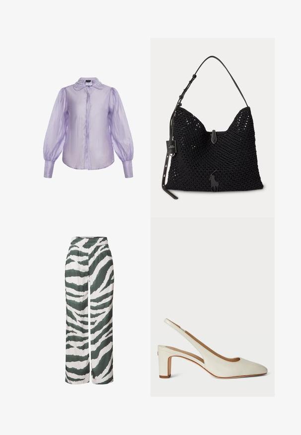 Lilaa pitkähihainen pusero, jossa on pussimaiset hihat ja napilliset kalvosimet sekä helmin koristeltu Peter Pan -kaulus.; Valkoisilla ja vihreillä zebra-raidoilla varustetut kevyet, leveälahkeiset housut. Elastinen vyötärö, rento malli.; Valkoinen nahkainen slingback-korkokenkä, jossa on pyöreä kärki, lohkokorko ja minimalistinen muotoilu hienovaraisilla ommel-yksityiskohdilla.; Musta kudottu kangaskassi, jossa yksittäinen säädettävä nahkahihna ja pieni nahkainen, Polo-logolla painettu merkki.