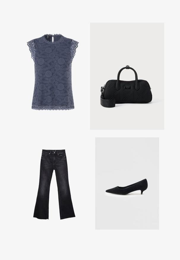 Blouse sans manches en dentelle bleu marine avec motifs floraux, bords festonnés aux manches et à l'ourlet, et une petite fermeture à bouton dans le dos.; Jean noir évasé en denim avec une texture légèrement délavée. Comprend des poches avant, une fermeture éclair et des accents de couture visibles.; Escarpin en feutre noir avec un bout pointu et un petit talon kitten. La chaussure présente une texture lisse et un design minimaliste sans ornements.; Sac à main rectangulaire noir matelassé avec deux anses supérieures, bandoulière large amovible et petite plaque métallique de marque au centre avant.