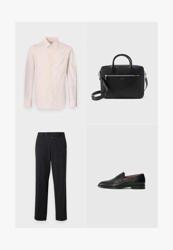 Chemise à manches longues rose clair en tissu lisse, dotée d'un collier pointu, d'une fermeture à boutons et d'un ourlet légèrement courbé.; Pantalon noir à coupe droite, en tissu lisse. Il présente une fermeture à bouton à l'avant et des détails de couture subtils. Conception simple sans motifs.; Mocassin en cuir noir avec un bout arrondi, des coutures subtiles et un talon bas, présentant une texture lisse et un design minimaliste.; Serviette rectangulaire en cuir noir texturé avec double poignée, poche avant zippée et bandoulière réglable présentée sur fond blanc.
