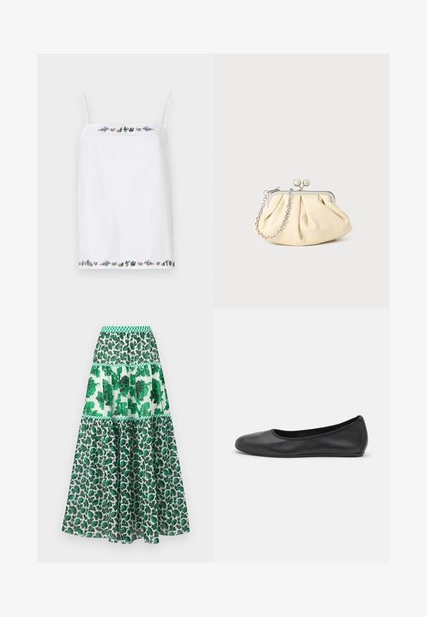 Top blanco sin mangas con tirantes finos, que presenta un intrincado bordado floral alrededor del escote y el dobladillo en varios colores. Textura suave.; Falda maxi de estampado verde con cintura fruncida. Presenta un diseño de capas con estampados florales y diferentes tonos de verde.; Bailarina de piel negra con punta redondeada, textura suave, detalle de costura minimalista y diseño de suela flexible.; Clutch de cuero beige plisado con un marco de metal plateado, que cuenta con dos broches decorativos redondos y una correa de cadena plateada.