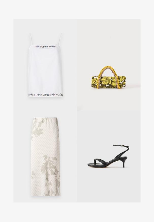 Haut sans manches blanc avec de fines bretelles, présentant des broderies florales complexes autour de l'encolure et de l'ourlet dans diverses couleurs. Texture lisse.; Jupe blanche avec un motif à rayures fines et des dessins floraux gris clair. Taille élastique pour un ajustement confortable.; Sandale pour femme en cuir noir avec fines lanières, une boucle d'orteil, une boucle à la cheville et un talon aiguille de hauteur moyenne sur un fond neutre.; Sac rectangulaire avec motif floral jaune et noir et anse tressée jaune et rose sur fond blanc.