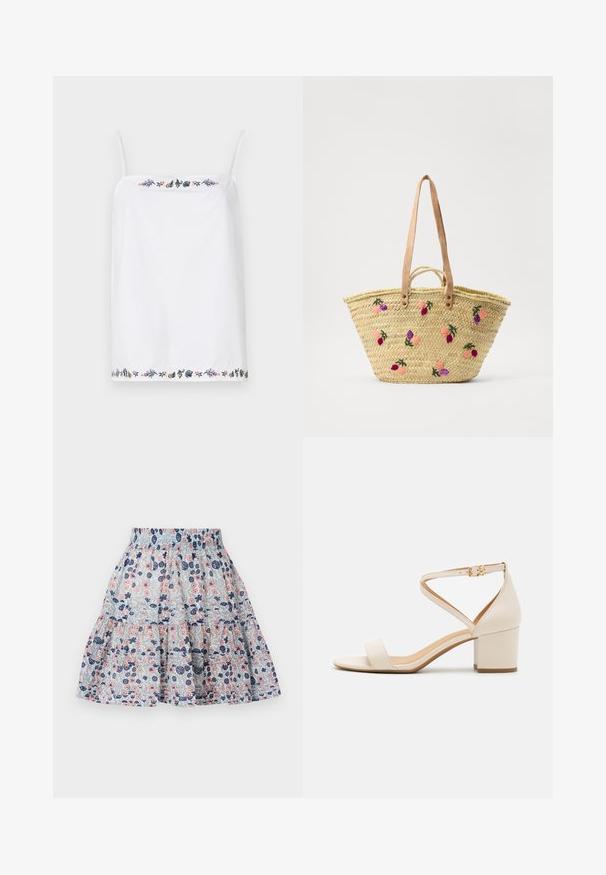 Top blanco sin mangas con tirantes finos, que presenta un intrincado bordado floral alrededor del escote y el dobladillo en varios colores. Textura suave.; Falda de estampado floral en azul claro, con flores en tonos rosa y marino. Diseño en capas con una cinturilla elástica y tela suave y texturizada.; Sandalias de tacón bloque en color beige que presentan un diseño minimalista, punta abierta y una correa ajustable en el tobillo con detalle de hebilla dorada. Textura suave.; Bolso de paja tejido con asas de cuero, decorado con coloridos bordados florales en rosa, púrpura y verde. Diseño de boca abierta.