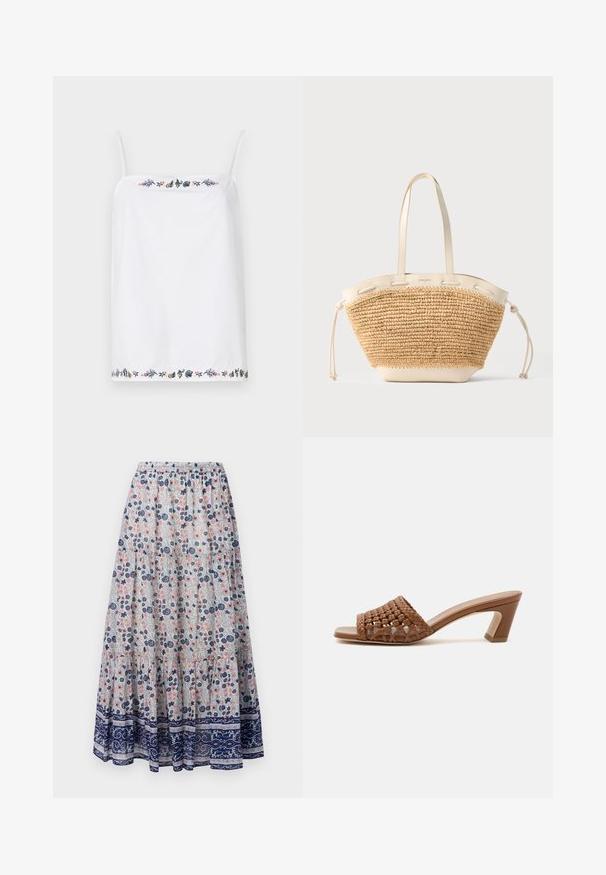 Top blanco sin mangas con tirantes finos, que presenta un intrincado bordado floral alrededor del escote y el dobladillo en varios colores. Textura suave.; Falda maxi floral con fondo gris, que presenta flores rosas y azules, diseño en capas y un dobladillo con patrón en azul marino. Cintura elástica.; Mule marrón tejido con punta abierta, tacón ancho y diseño sin cierre sobre un fondo blanco liso.; Bolsa tote de paja trenzada beige con asas de cuero crema, ribetes y laterales con cordón sobre un fondo gris claro.