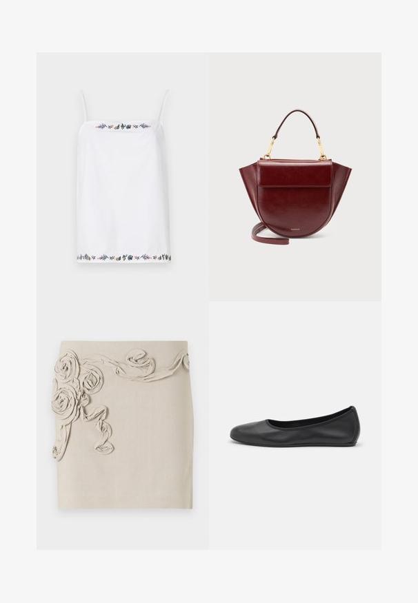 Hvid ærmeløs top med tynde stropper, der har intrikate blomsterbroderier omkring halsen og i kanten i forskellige farver. Glat tekstur.; Beige linnedragt med teksturerede, stof rosetapplikationer og snoet bånddetalje for et dimensionelt udseende. Glat finish.; Sort læderballetsko med rund tå, glat tekstur, minimal syning og et fleksibelt såldesign.; Mørkerød lædertaske med topgreb, guldfarvet hardware, klaplomme foran og lang rem, sat mod en ensartet lys baggrund.