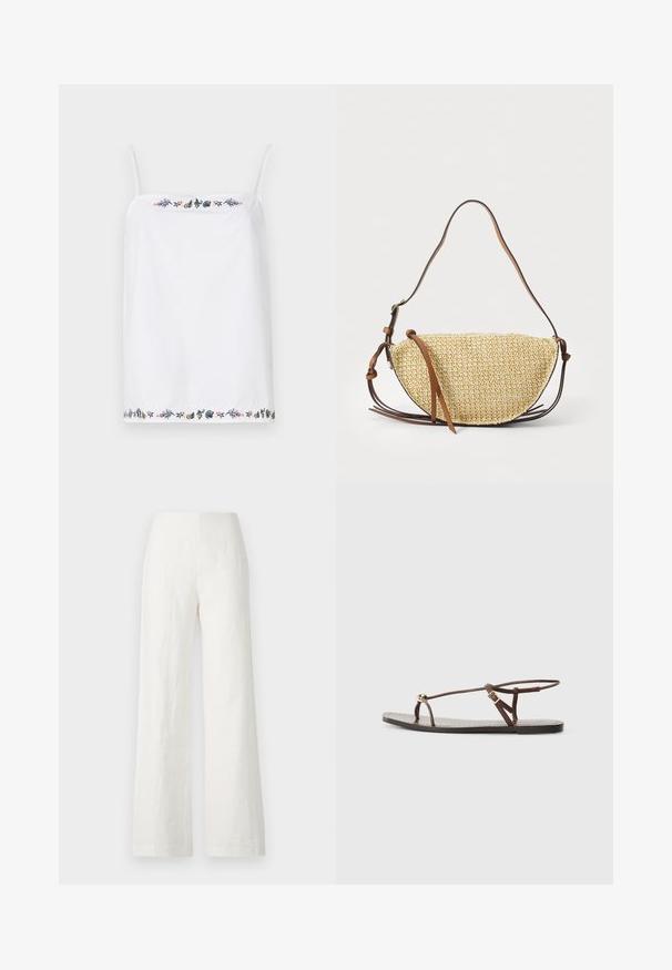 Top blanco sin mangas con tirantes finos, que presenta un intrincado bordado floral alrededor del escote y el dobladillo en varios colores. Textura suave.; Pantalones de lino blanco de pierna ancha con una textura suave y un diseño de cintura alta. Presenta una silueta simple y limpia sin adornos.; Sandalia de cuero marrón con tiras finas, un acento circular dorado y suela plana. Diseño minimalista con un detalle de hebilla ajustable.; Bolso de paja tejido con forma de media luna, que cuenta con una correa y acentos de cuero marrón. Textura de color natural con bordes suaves.