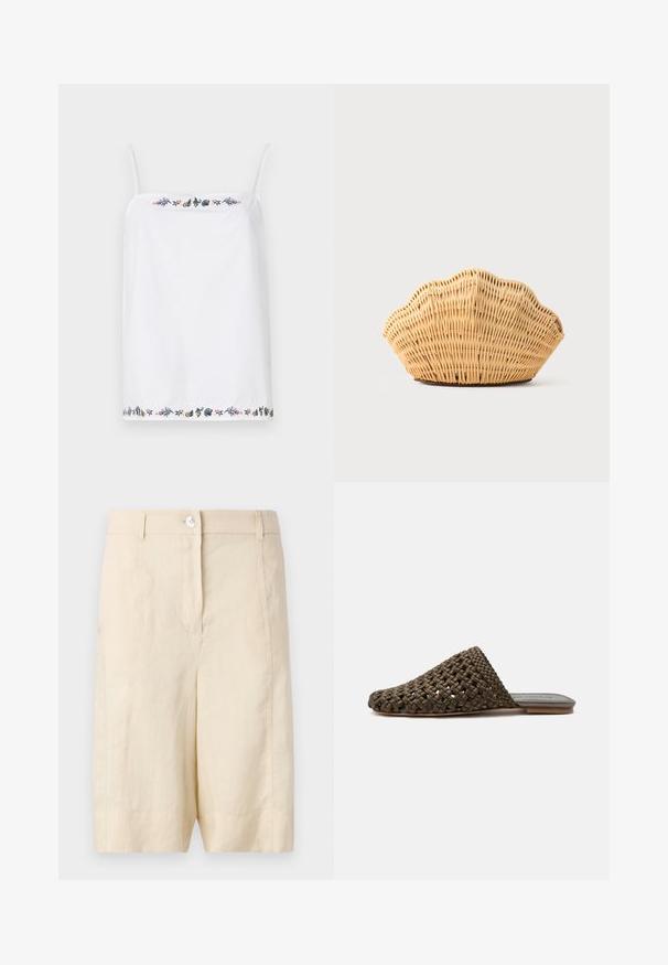 Hvid ærmeløs top med tynde stropper, der har intrikate blomsterbroderier omkring halsen og i kanten i forskellige farver. Glat tekstur.; Bebé linnedshorts med en glat tekstur, der har en frontknaplukning, skræddersyet design og en lige skæring ved kanten.; Brun vævet slip-on mule med flad sål og lukket rundet tå på hvid baggrund.; Vævet rattan håndtaske formet som en kammusling med naturlig lysebrun farve og afrundede, strukturerede kanter.