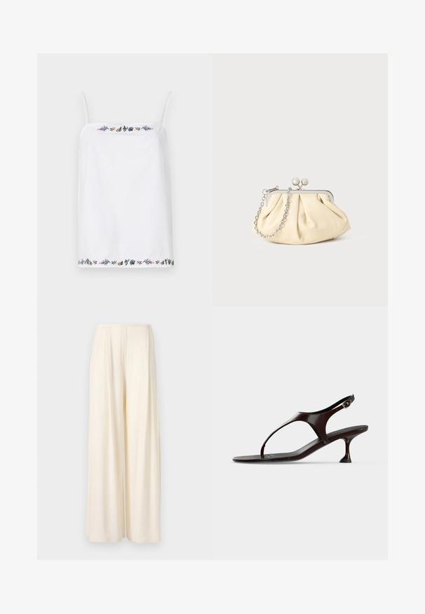 Weißes ärmelloses Top mit dünnen Trägern, das um den Hals- und Saumbereich mit aufwendiger floralem Stickerei in verschiedenen Farben verziert ist. Glatte Textur.; Norma Kamali MENS PLEAT - Stoffhose - cream; Dunkelbraune Lackleder-Slingback-Sandale mit kittenabsatz und Zehensteg auf weißem Hintergrund.; Faltige beigefarbene Ledertasche mit einem silbernen Metallrahmen, ausgestattet mit zwei runden dekorativen Verschlüssen und einem silbernen Kettenriemen.