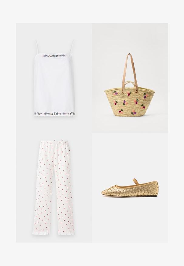 Hvid ærmeløs top med tynde stropper, der har intrikate blomsterbroderier omkring halsen og i kanten i forskellige farver. Glat tekstur.; Hvide pyjamasbukser med små røde jordbærprint, elastisk talje og flæsekant. Materialet virker blødt og let.; Loeffler Randall LEONIE SOFT BALLET FLAT - Ballerinasko m/ rem - gold; Vævet stråtaske med læderhåndtag, prydet med farverig blomsterbroderi i pink, lilla og grøn. Åben-top design.