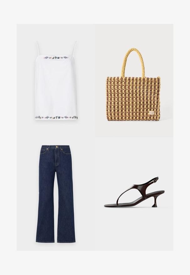 Hvid ærmeløs top med tynde stropper, der har intrikate blomsterbroderier omkring halsen og i kanten i forskellige farver. Glat tekstur.; Mørkeblå vidde jeans lavet af denim. Har en knaplukning, forlommer og kontrasterende syninger. Ren, klassisk design.; Mørkebrun laklædersandal med rem bagpå, lille hæl og tårem på hvid baggrund.; Vævet taske i brun og gul, med en rektangulær form, to håndtag, og en tekstureret overflade med synlige sting og et mærke.